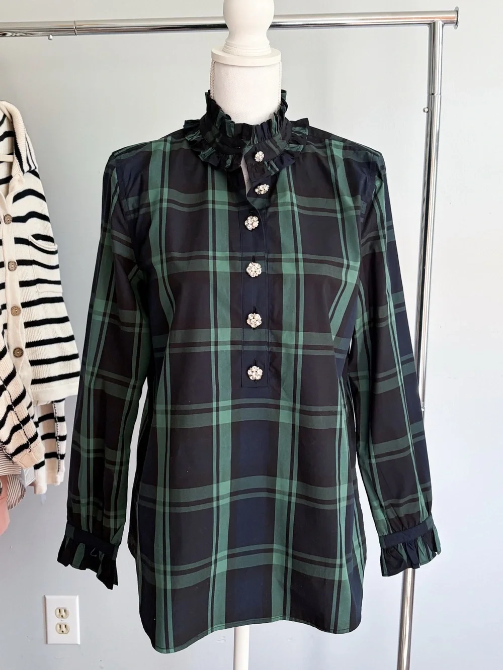 J.Crew Plaid Ruffle Jeweled Blouse 4